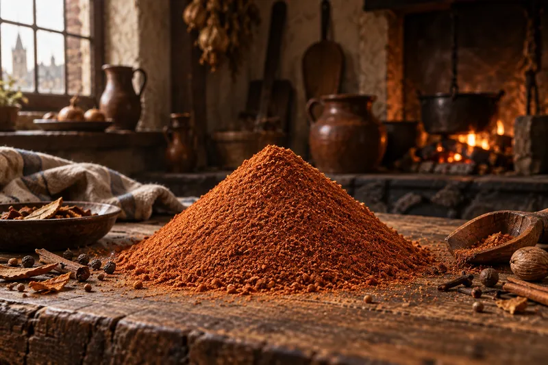 Sfeerbeeld van rommelkruid op een houten werkblad in een historische keuken.